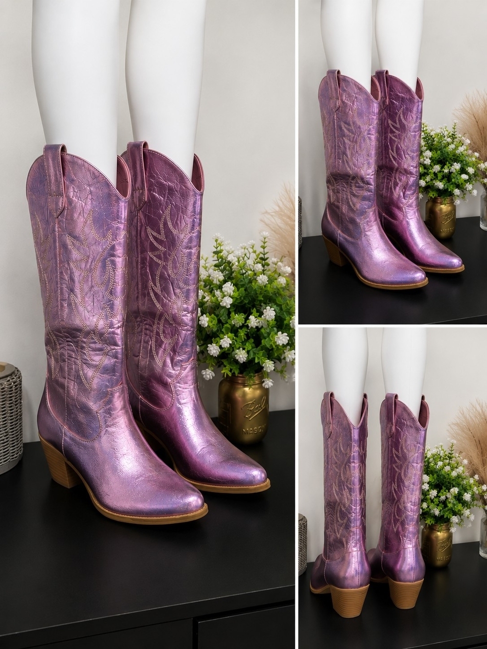 Iridescent Purple Western Knee-High Boots - Women